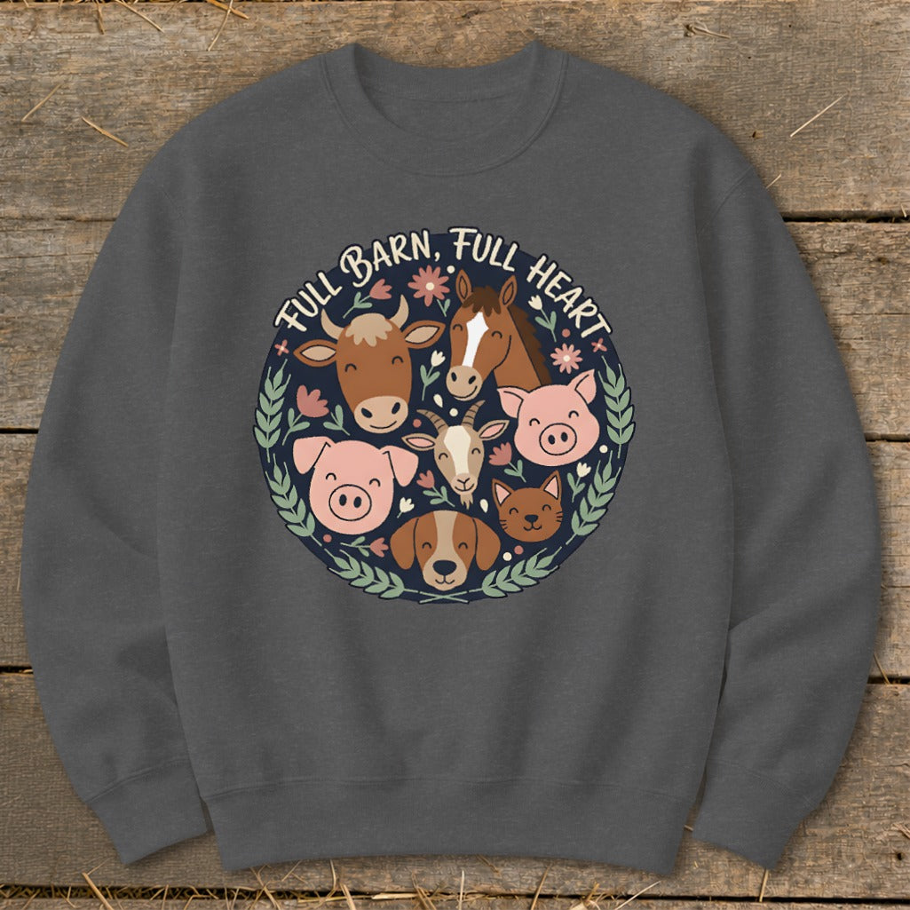 Dark grey sweatshirt with cartoon farm animals and text "FULL BARN, FULL HEART".