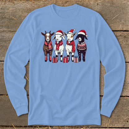 Four cartoon goats in Santa hats and winter scarves stand with gifts.