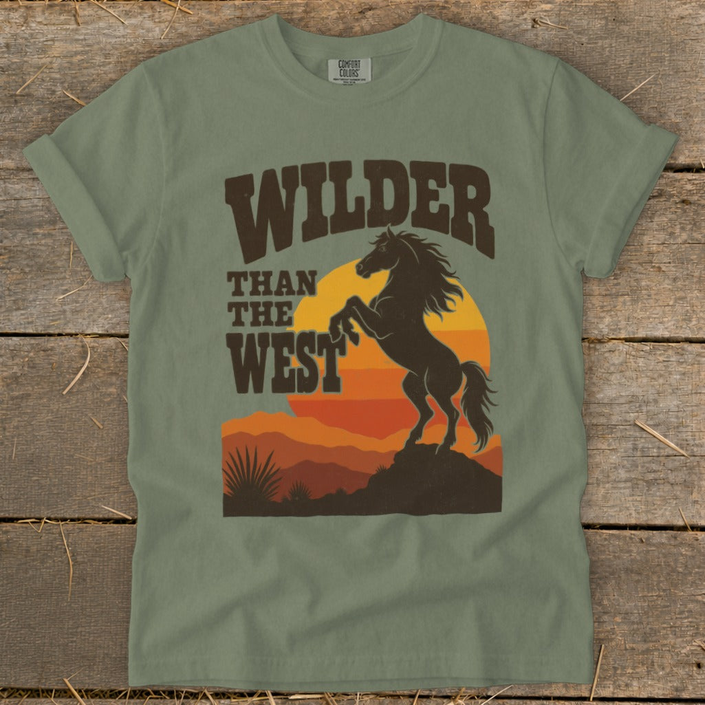 "Wilder than the West" text with a bucking horse silhouette and sunset.