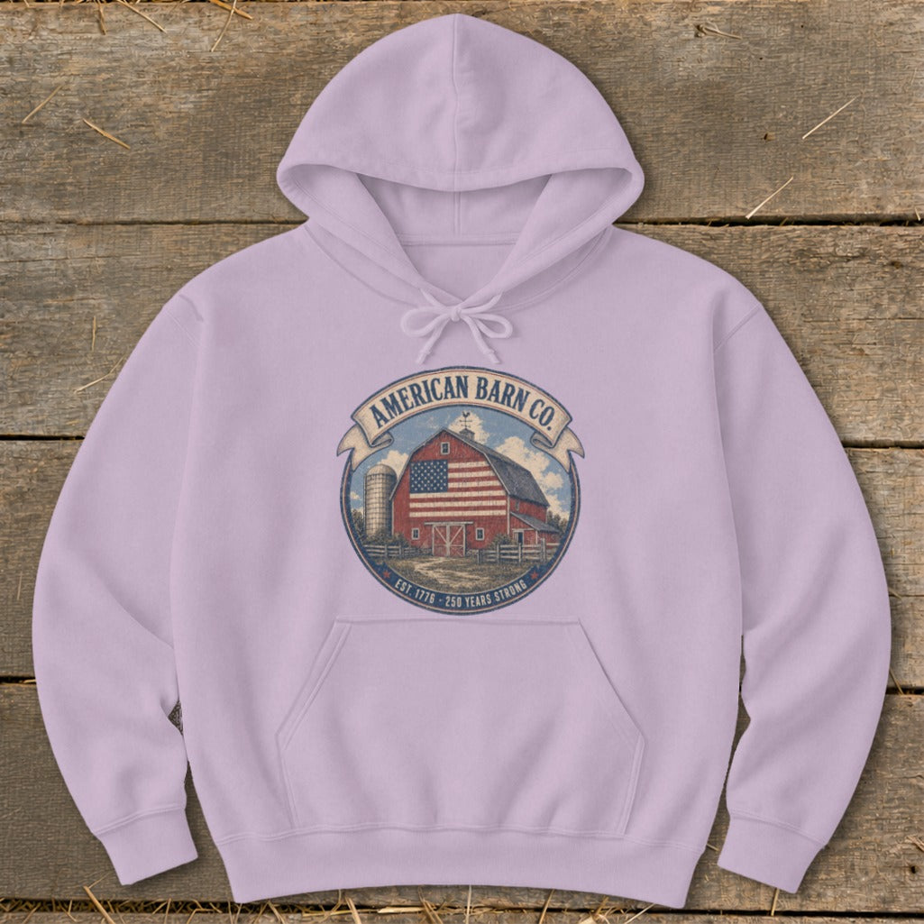 Light purple hoodie with circular American Barn Co. logo featuring a barn, silo, and US flag.