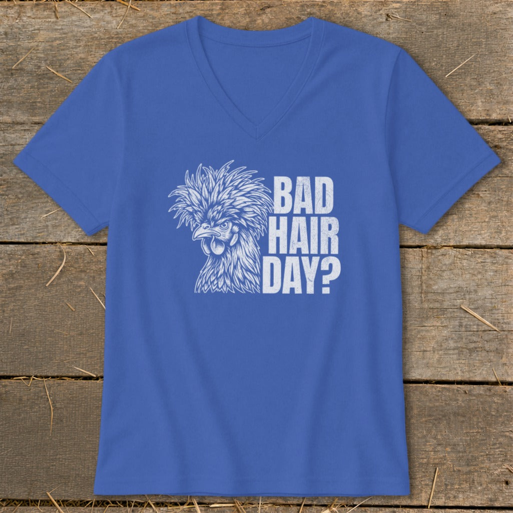 Blue t-shirt with white distressed graphic of a silkie chicken and text "BAD HAIR DAY?".
