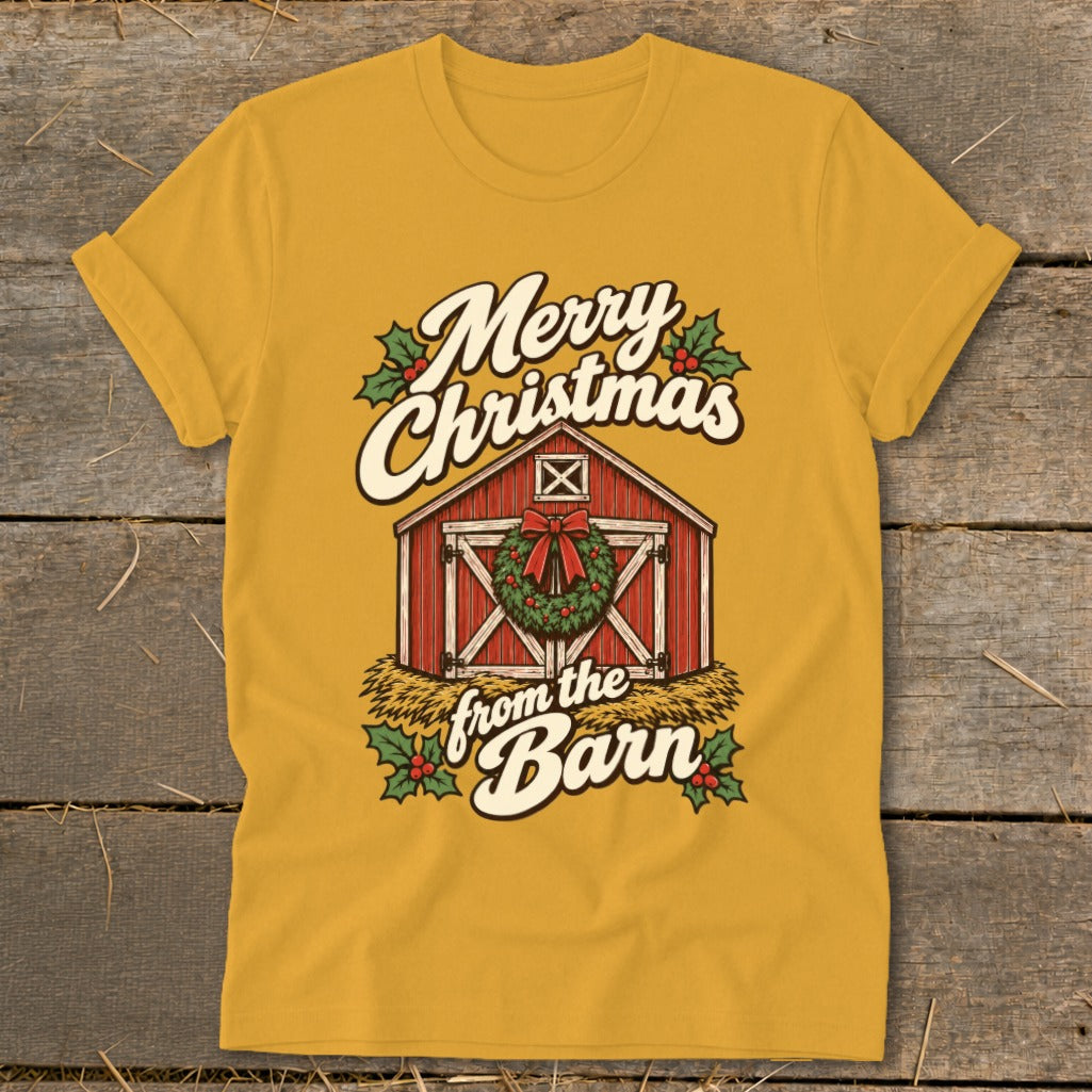 Yellow t-shirt with a red barn graphic and text "Merry Christmas from the Barn".
