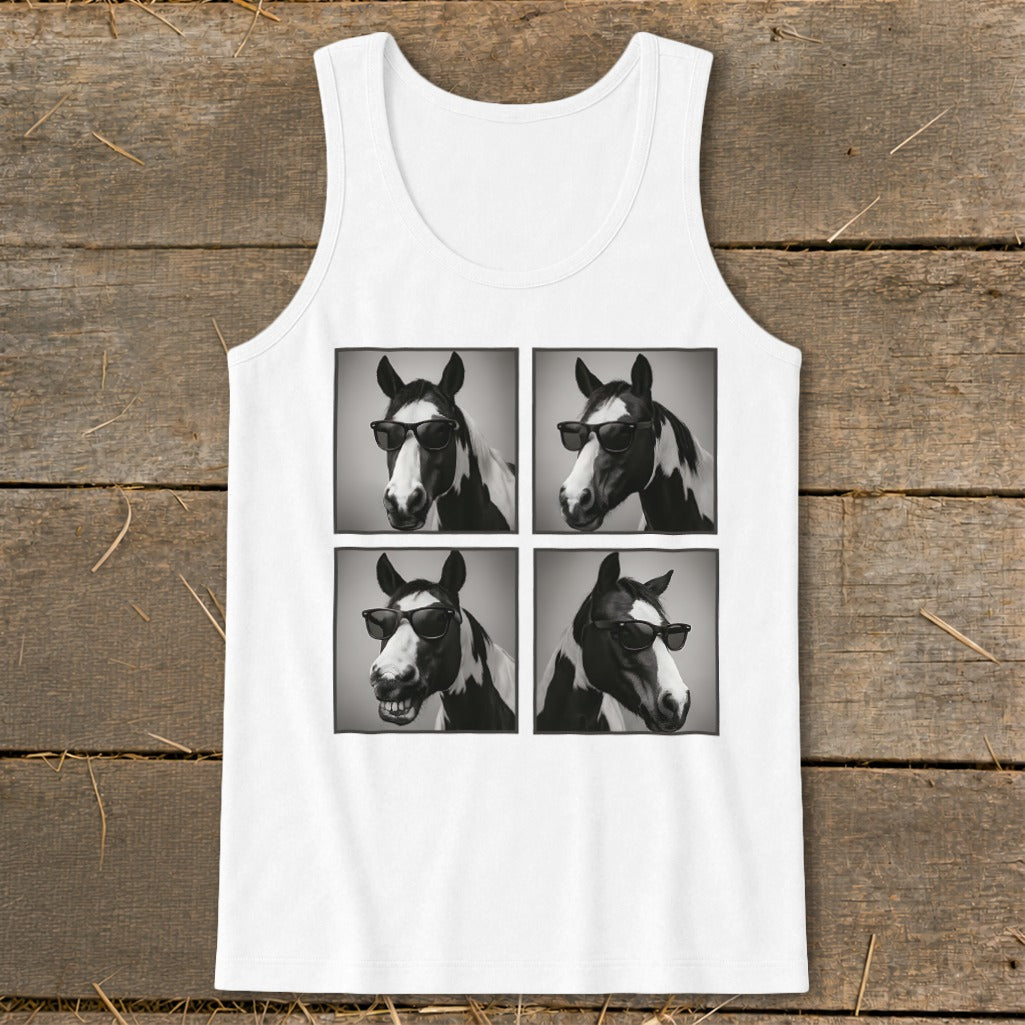 White tank top with a four-panel graphic of a pinto horse wearing sunglasses.