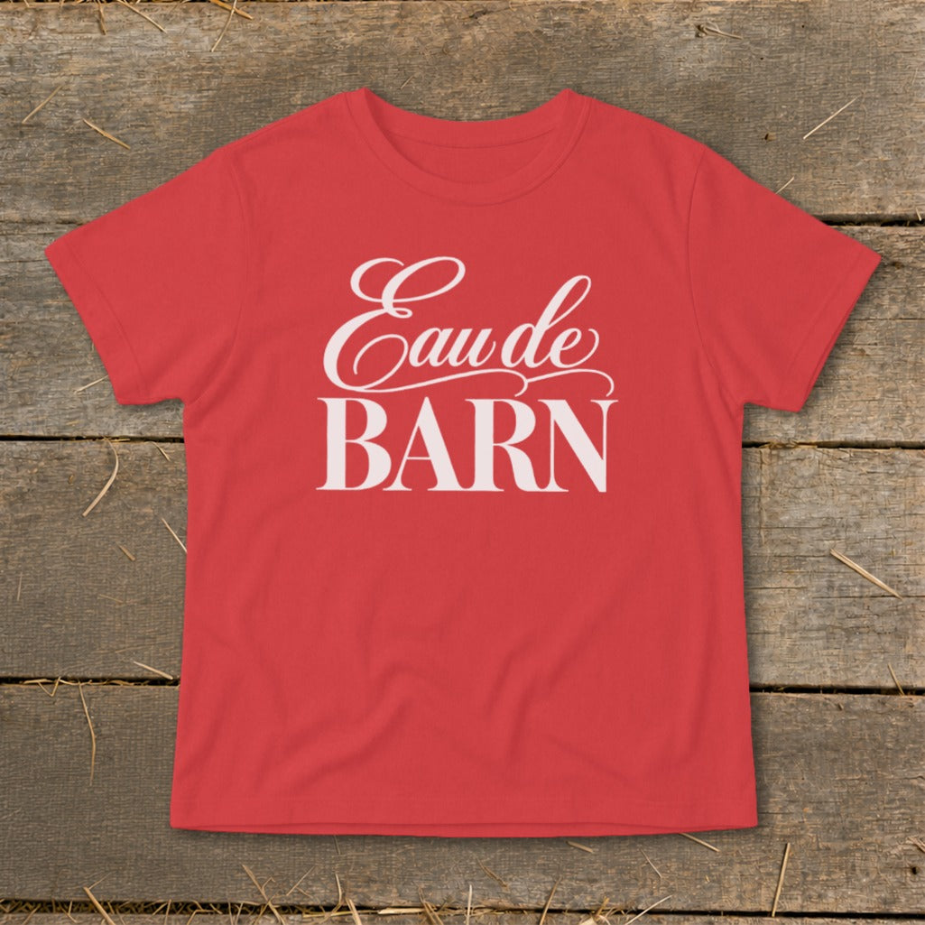 Red t-shirt with white text "Eau de BARN"