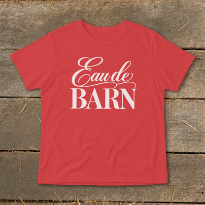 Red t-shirt with white text "Eau de BARN"