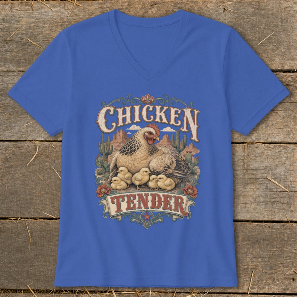 Blue v-neck t-shirt with "Chicken Tender" graphic featuring a hen and chicks.