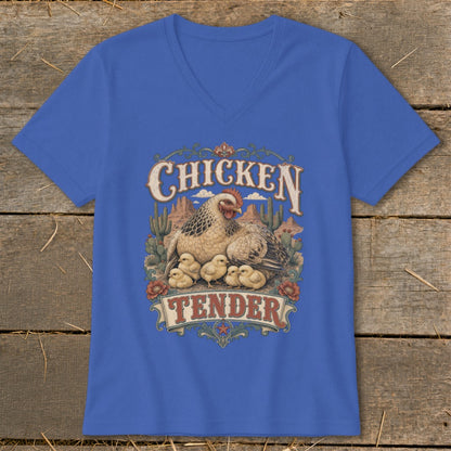 Blue v-neck t-shirt with "Chicken Tender" graphic featuring a hen and chicks.