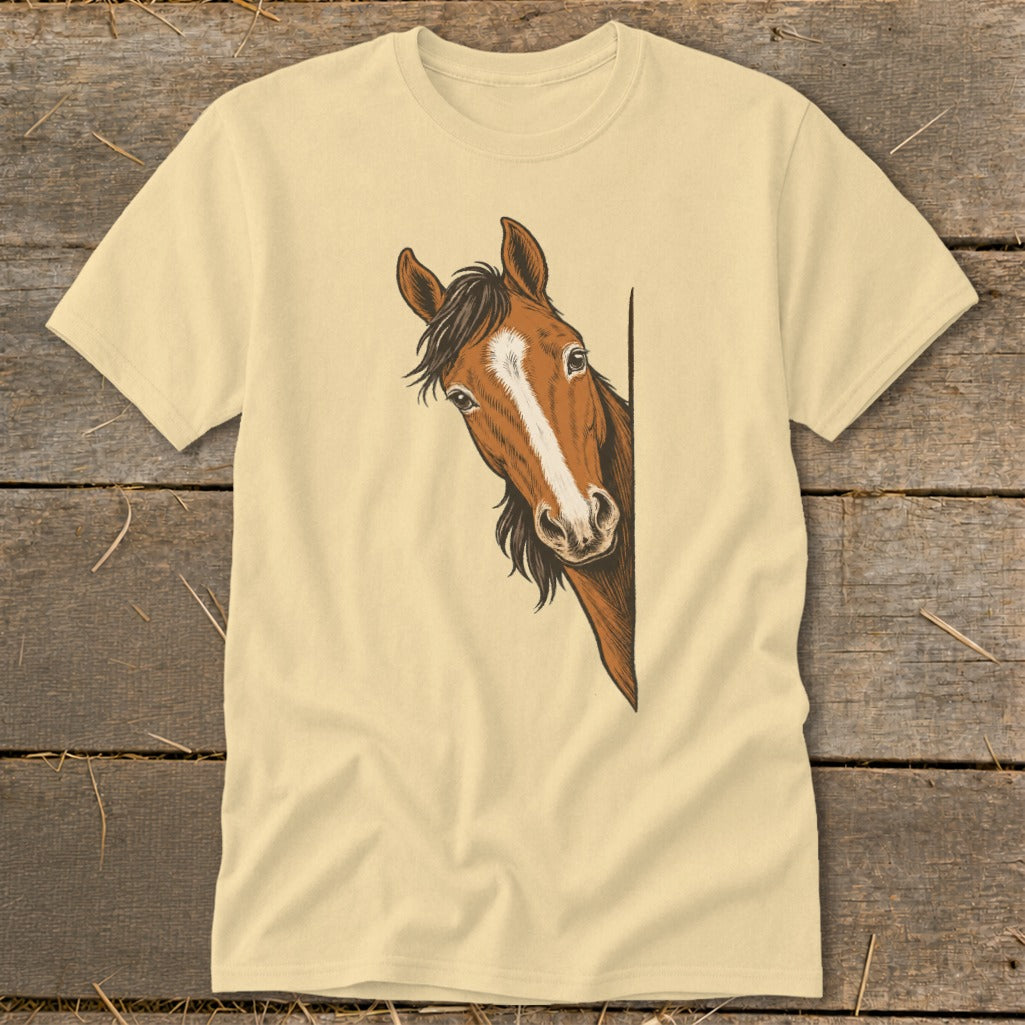 Light yellow t-shirt with a brown horse peeking from the right edge.