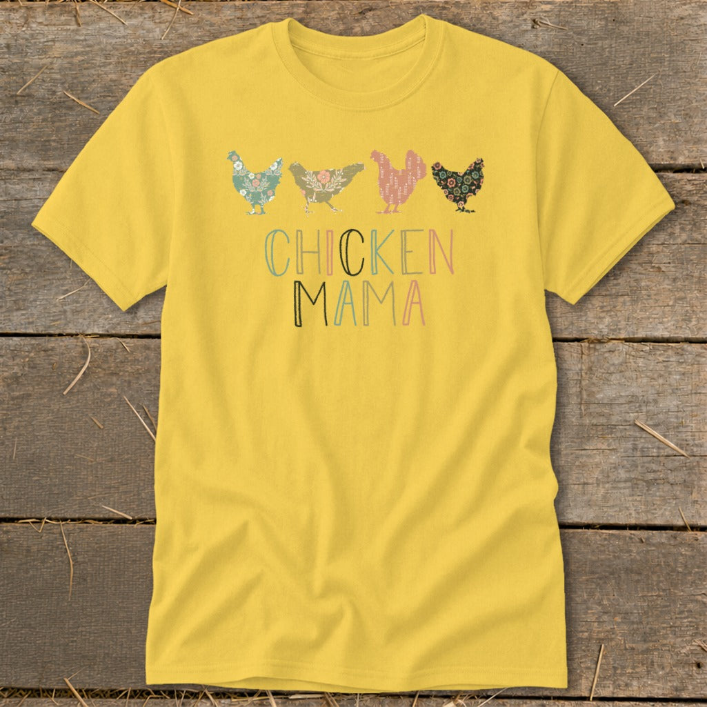 Yellow t-shirt with four patterned chickens and text reading "CHICKEN MAMA".
