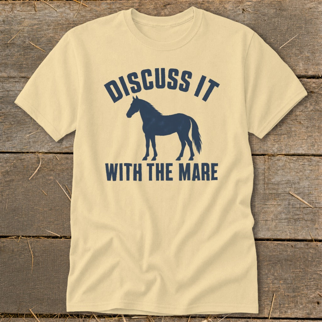 Light yellow t-shirt with navy blue text and horse silhouette.