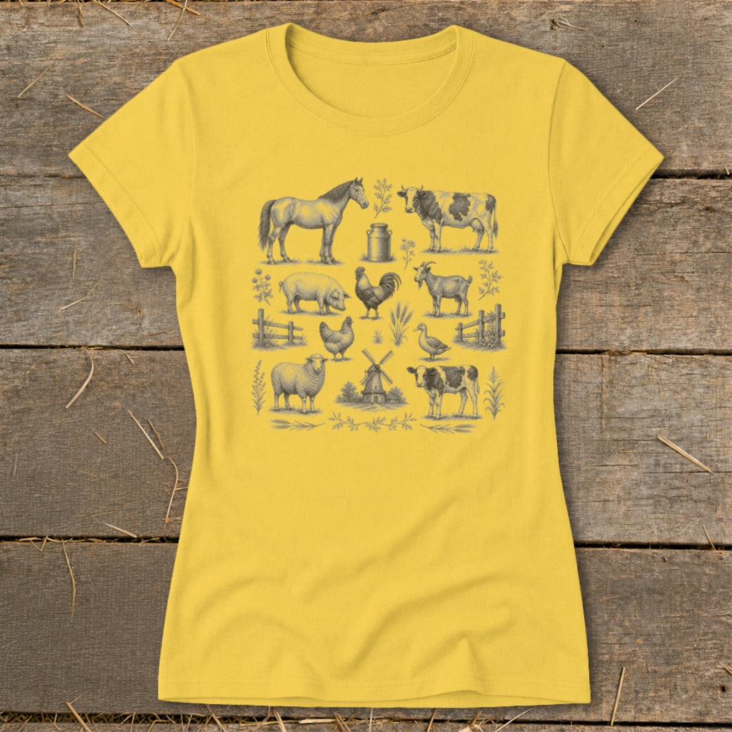 Yellow t-shirt with vintage farm animal illustrations including horse, cows, pig, sheep, rooster, and goat.