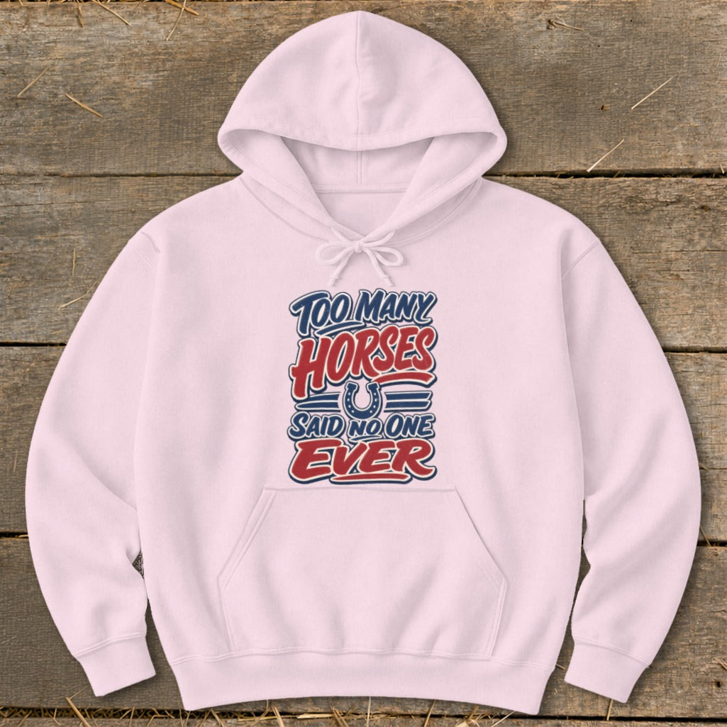 Pink hoodie with "Too Many Horses Said No One Ever" text and horseshoe graphic.