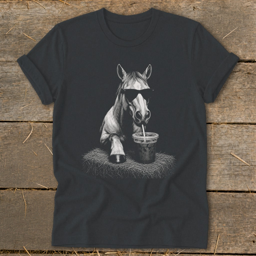 T-shirt with a horse wearing sunglasses drinking from a cup with a straw.
