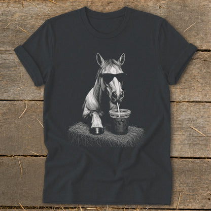 T-shirt with a horse wearing sunglasses drinking from a cup with a straw.