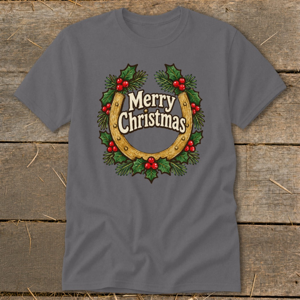 Grey t-shirt with a horseshoe wreath graphic and "Merry Christmas" text.