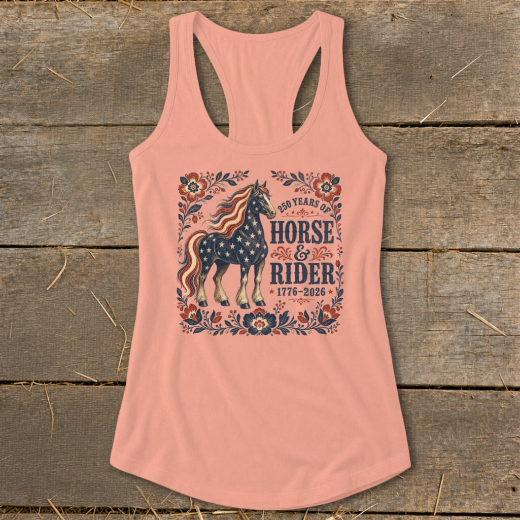 Peach tank top with patriotic horse graphic and text.