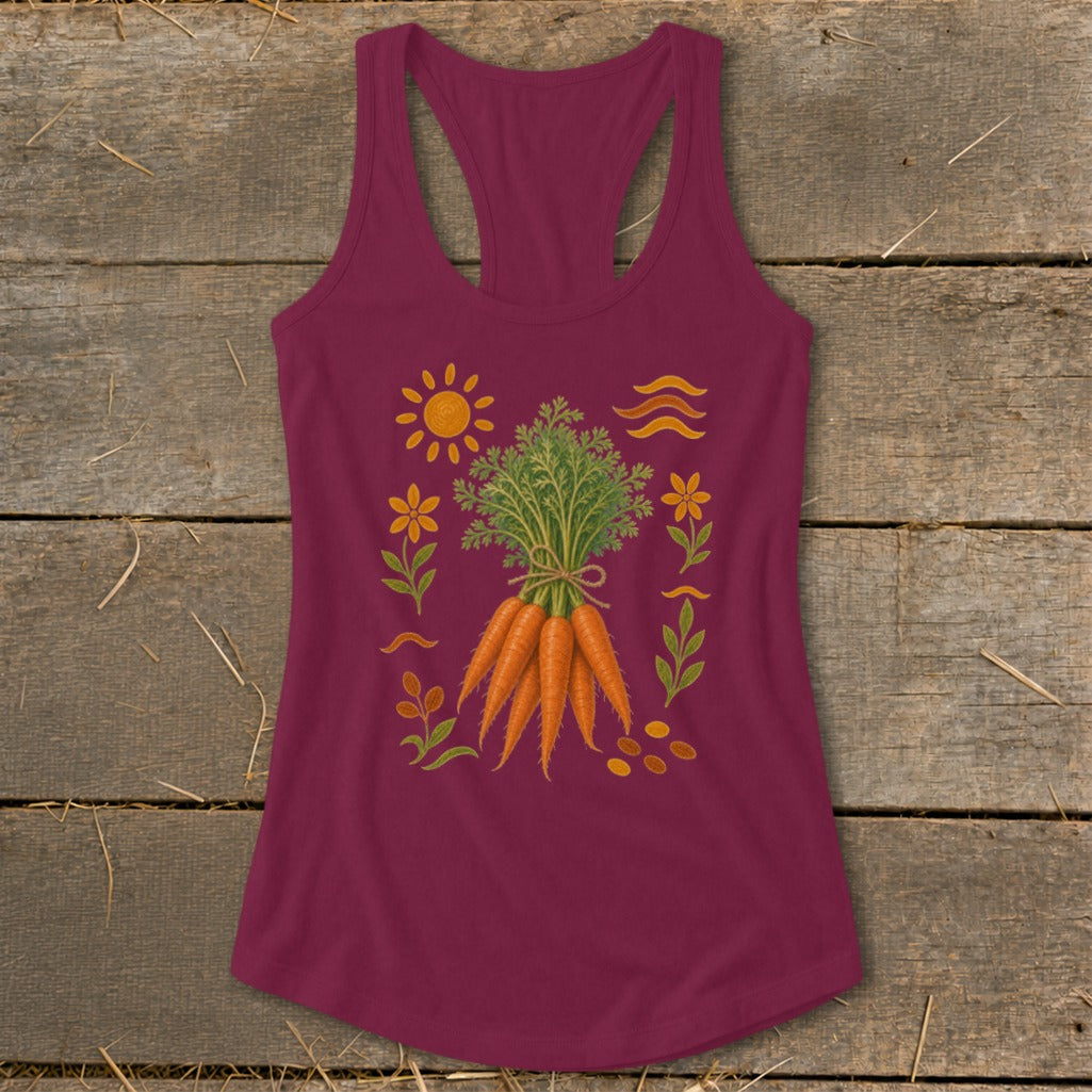 Maroon tank top with a bunch of carrots and garden-themed illustrations.