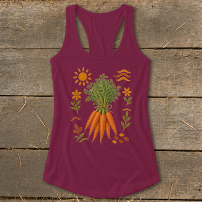 Maroon tank top with a bunch of carrots and garden-themed illustrations.