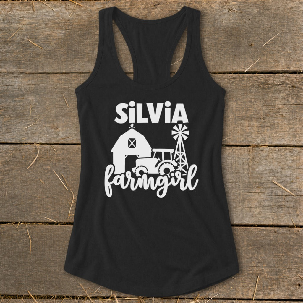 Black tank top with "SILVIA farmgirl" text and farm graphic.