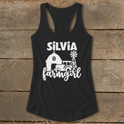 Black tank top with "SILVIA farmgirl" text and farm graphic.