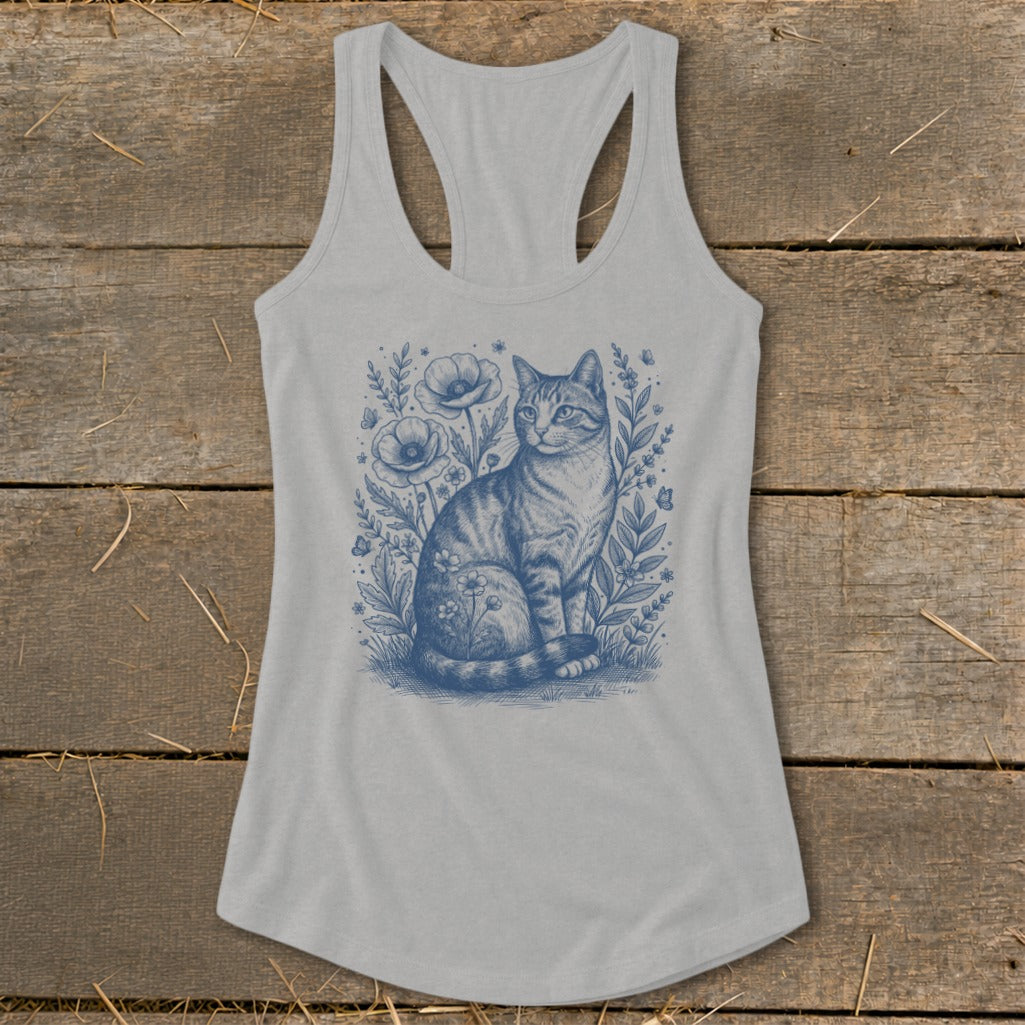 Light grey tank top with blue sketch of a tabby cat sitting among flowers.