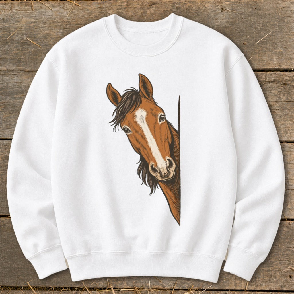 White sweatshirt with a brown horse peeking from the side.