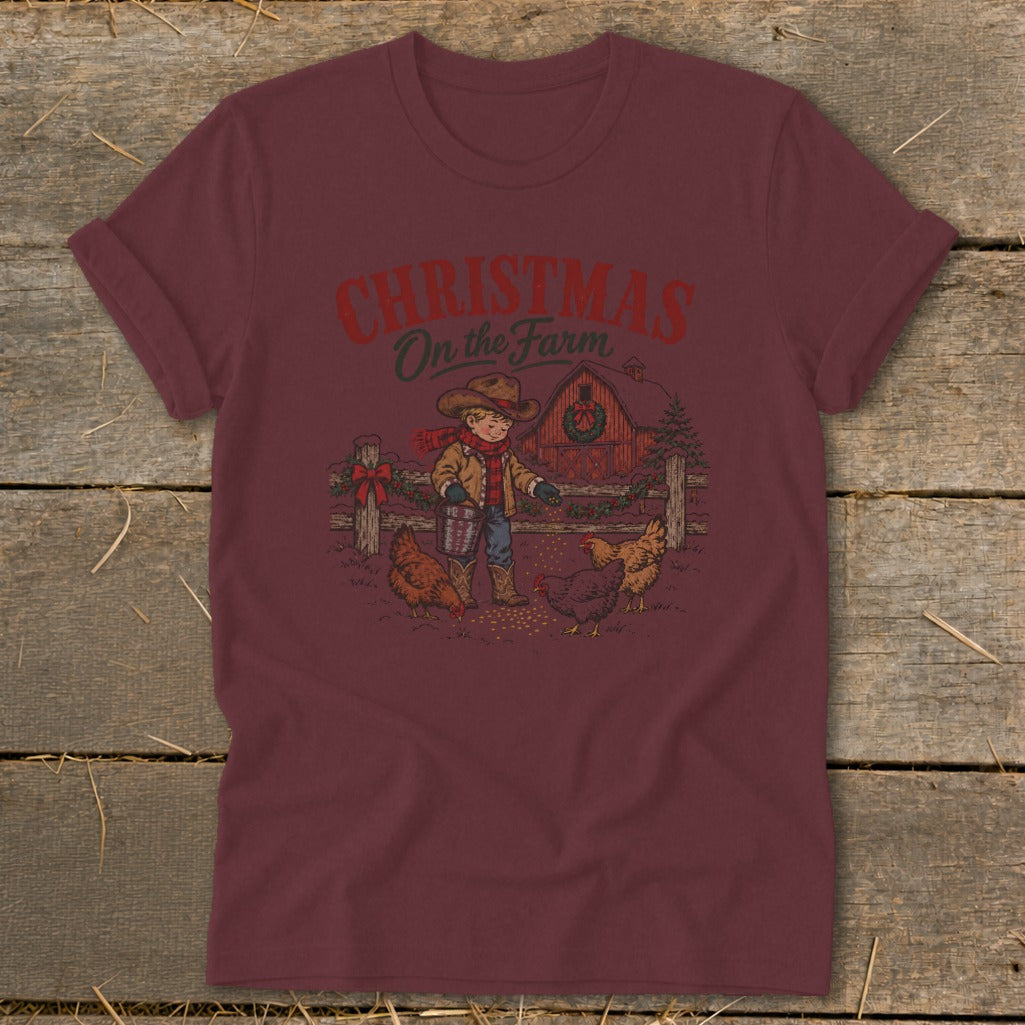 Christmas on the Farm graphic with boy feeding chickens in front of barn.
