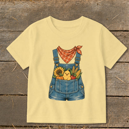Yellow t-shirt with denim overalls graphic featuring a chick, sunflower, pumpkin, apple, and corn.