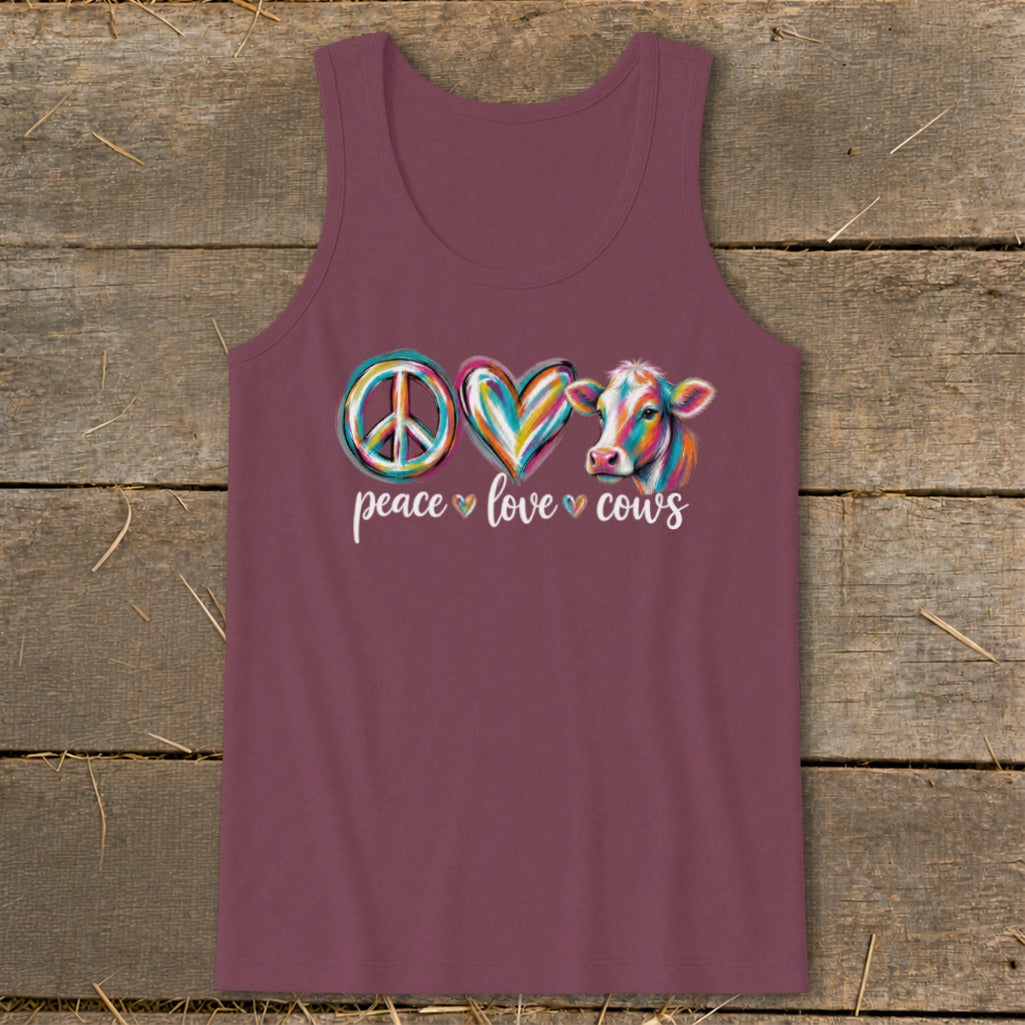 Maroon tank top with peace sign, heart, and cow graphic that says "peace love cows".