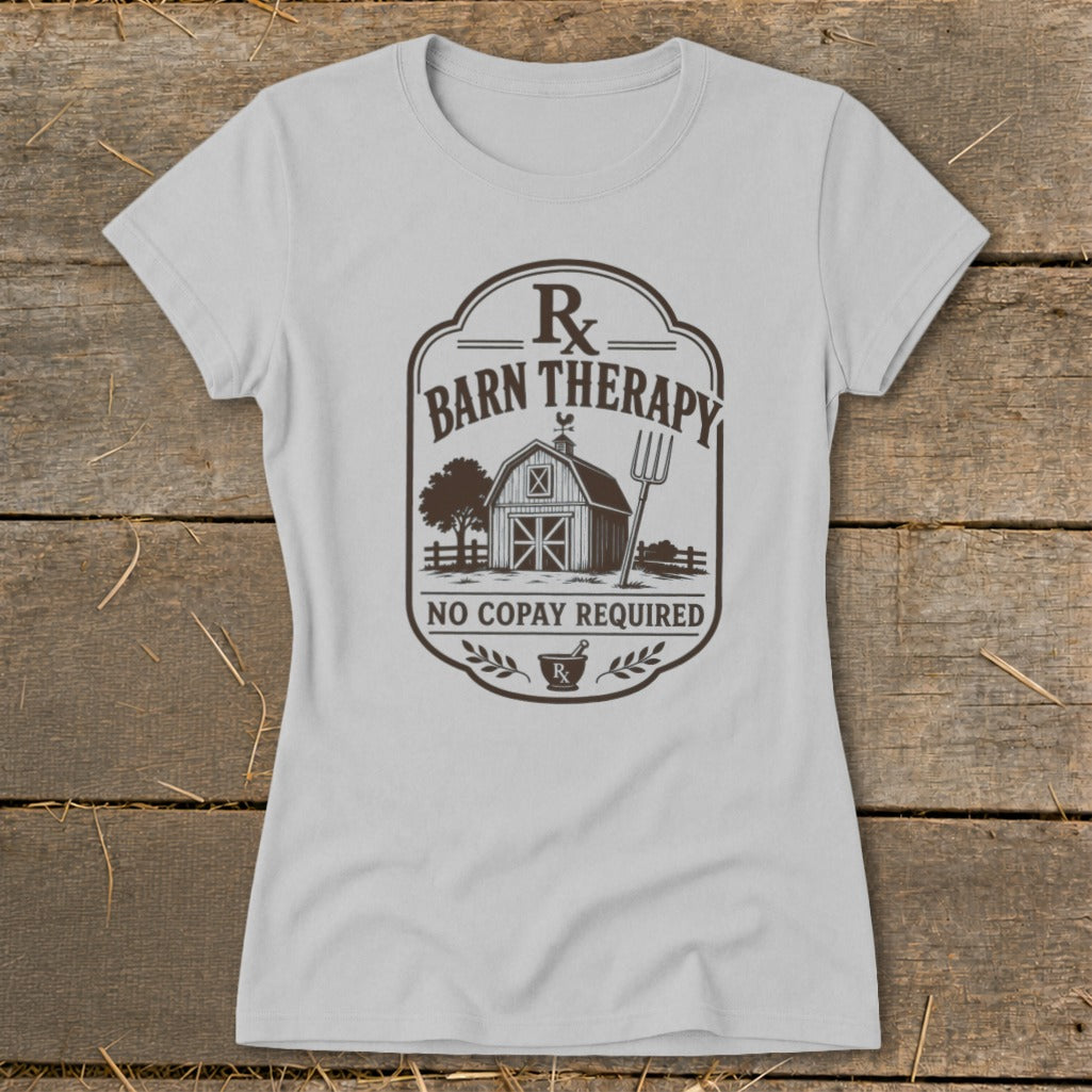 Gray t-shirt with "Barn Therapy" and "No Copay Required" text, featuring a barn graphic.