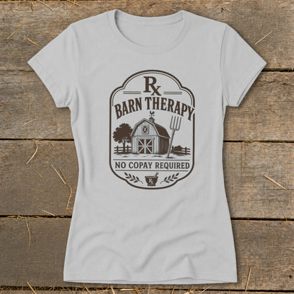 Gray t-shirt with "Barn Therapy" and "No Copay Required" text, featuring a barn graphic.
