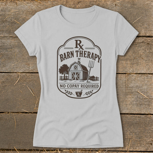 Gray t-shirt with "Barn Therapy" and "No Copay Required" text, featuring a barn graphic.