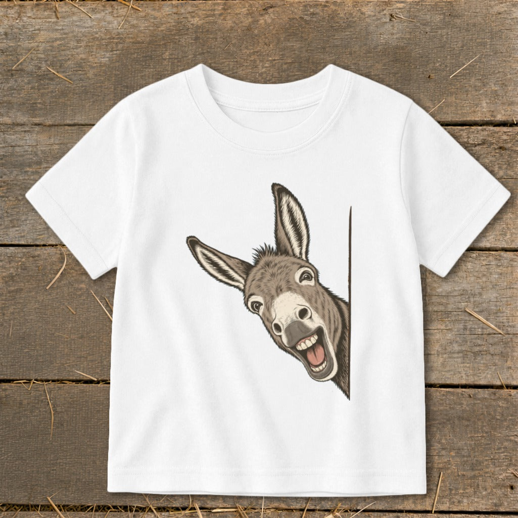 White t-shirt with a cartoon donkey peeking over a white border.