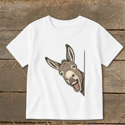White t-shirt with a cartoon donkey peeking over a white border.