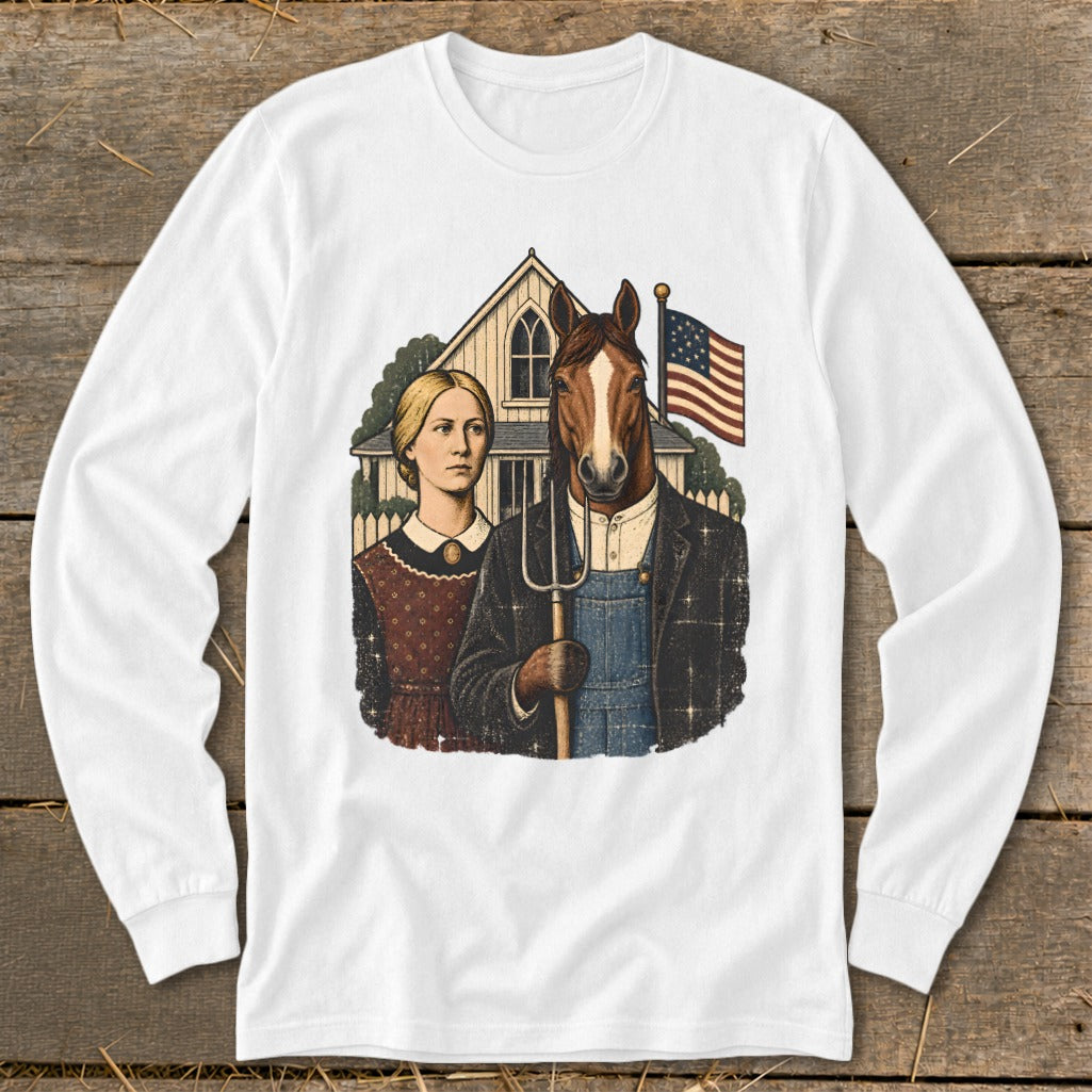 A white long-sleeve t-shirt with a parody of American Gothic featuring a woman and a horse-headed man holding a pitchfork.