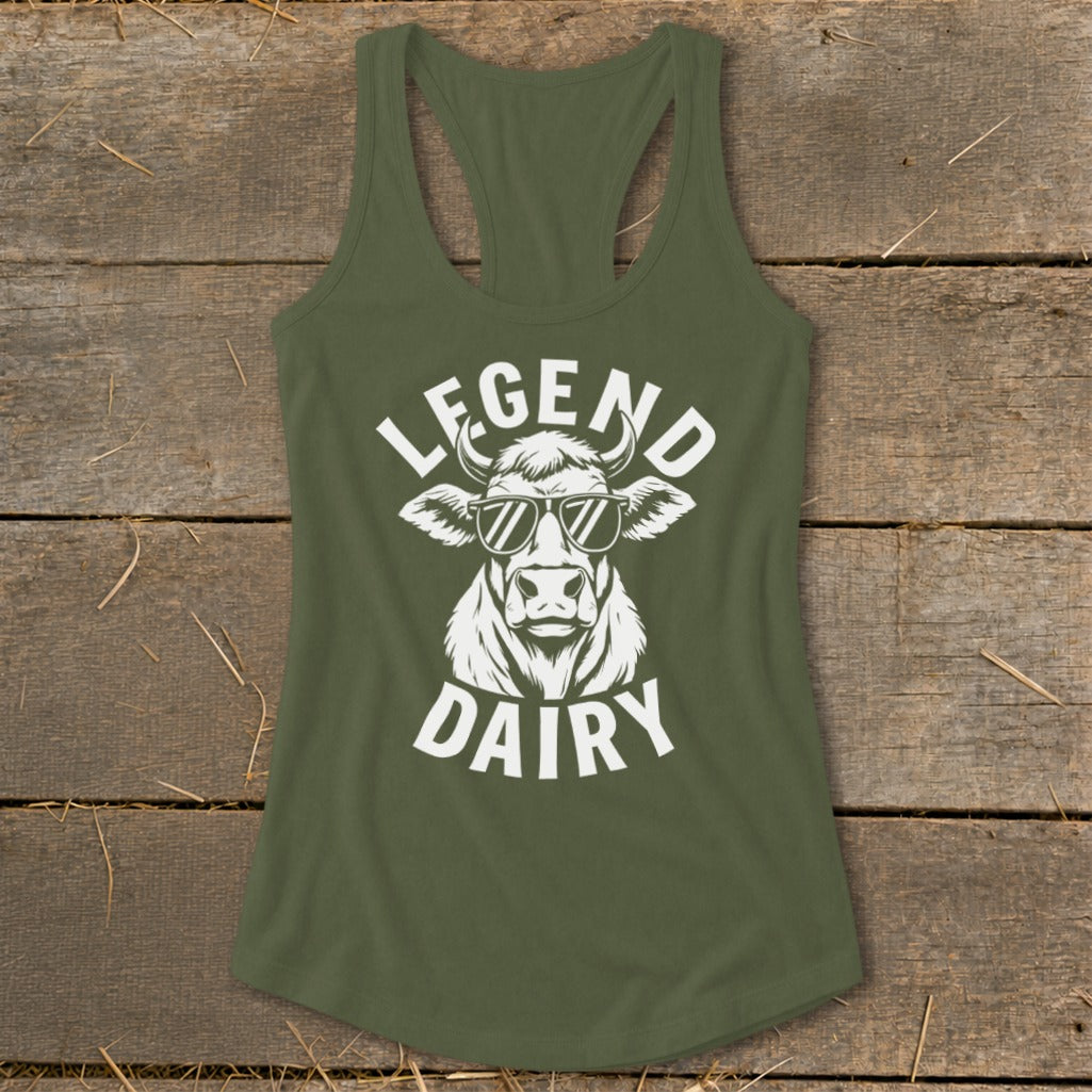 Tank top with "LEGEND DAIRY" text and a cow wearing sunglasses.