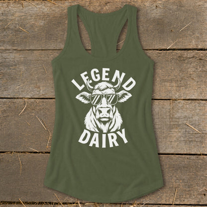 Tank top with "LEGEND DAIRY" text and a cow wearing sunglasses.