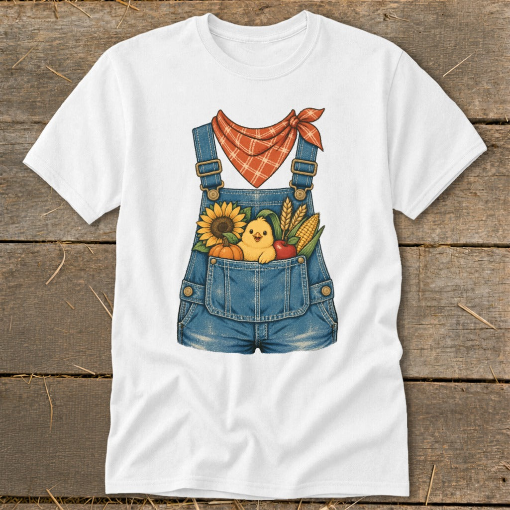 White t-shirt with denim overalls graphic featuring a chick, pumpkin, sunflower, corn, and apple.