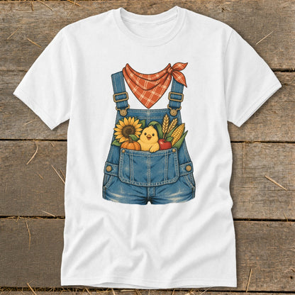 White t-shirt with denim overalls graphic featuring a chick, pumpkin, sunflower, corn, and apple.