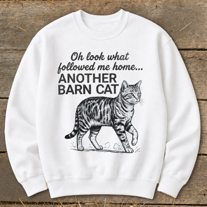 White sweatshirt with text "Oh look what followed me home... ANOTHER BARN CAT" and a cat illustration.