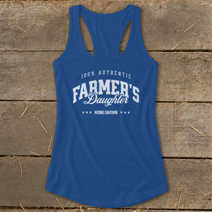 Blue racerback tank top with "100% AUTHENTIC FARMER'S DAUGHTER HOME GROWN" text.