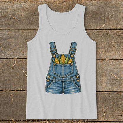 White tank top with denim overalls graphic featuring corn in the pocket.
