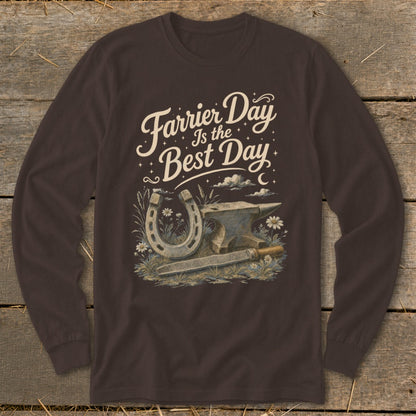 Brown long-sleeve shirt with "Farrier Day Is the Best Day" and horseshoe, anvil, and file graphic.