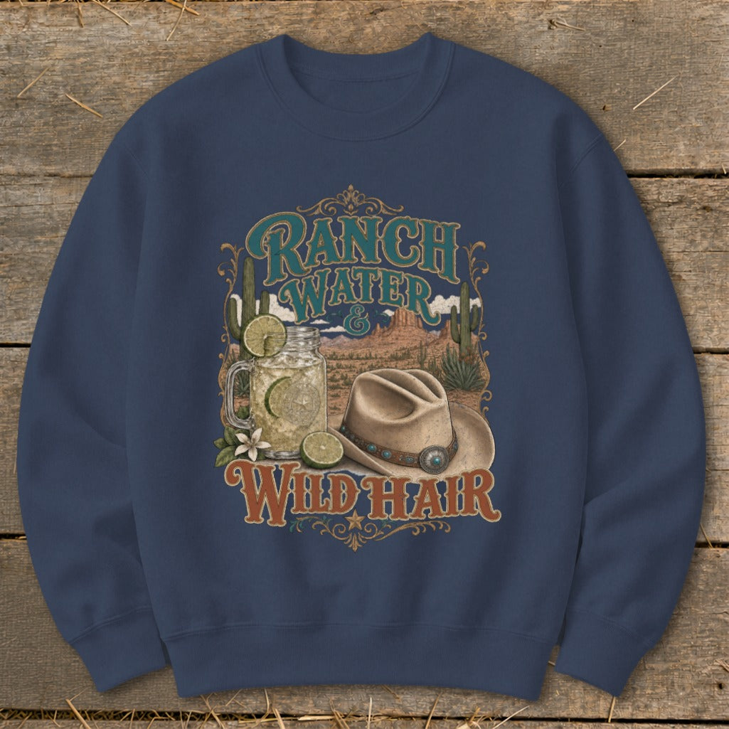 Graphic with cowboy hat, mason jar drink, and desert scene with text "Ranch Water & Wild Hair."