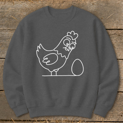 Dark gray sweatshirt with a white line drawing of a surprised chicken next to an egg.