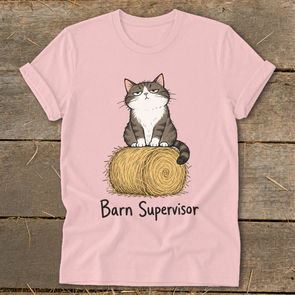 Pink t-shirt with grumpy cat sitting on a hay bale, text "Barn Supervisor".