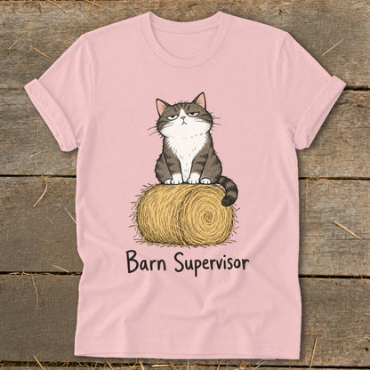 Pink t-shirt with grumpy cat sitting on a hay bale, text "Barn Supervisor".