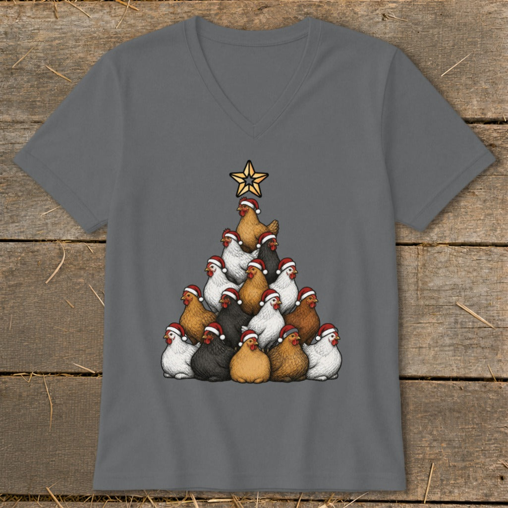 Gray t-shirt featuring a Christmas tree made of chickens wearing Santa hats and a star.