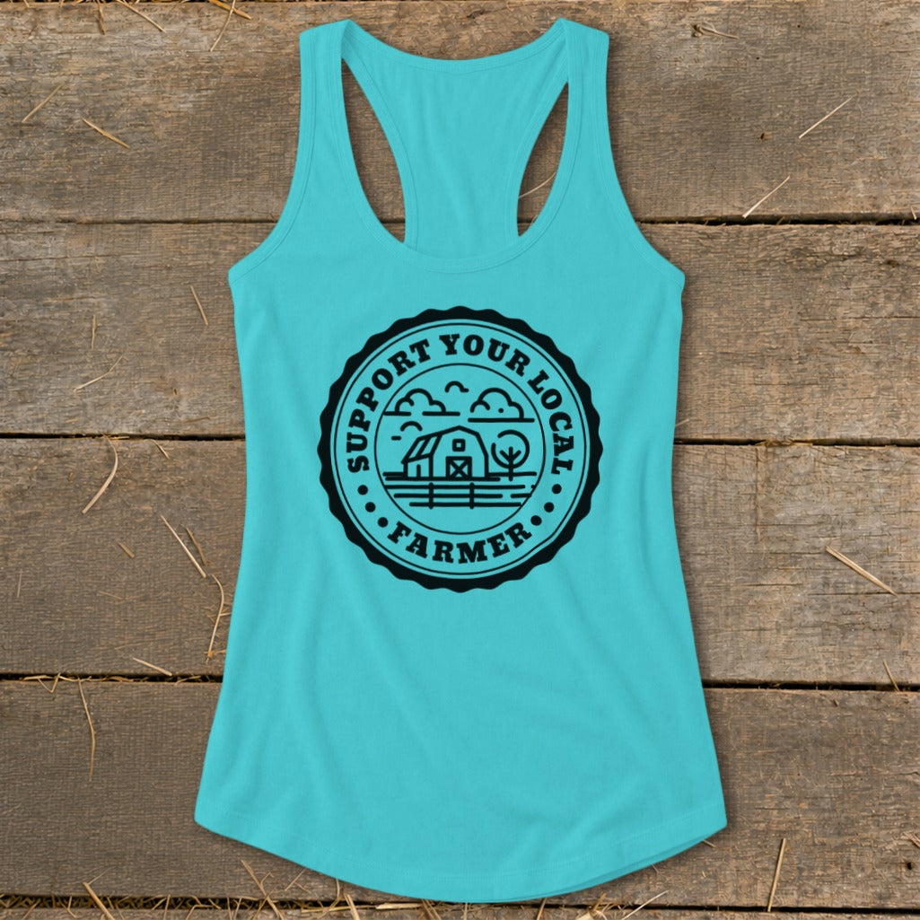 Teal tank top with black circular graphic reading "Support Your Local Farmer" and depicting a barn and tree.