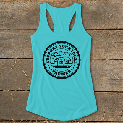 Teal tank top with black circular graphic reading "Support Your Local Farmer" and depicting a barn and tree.